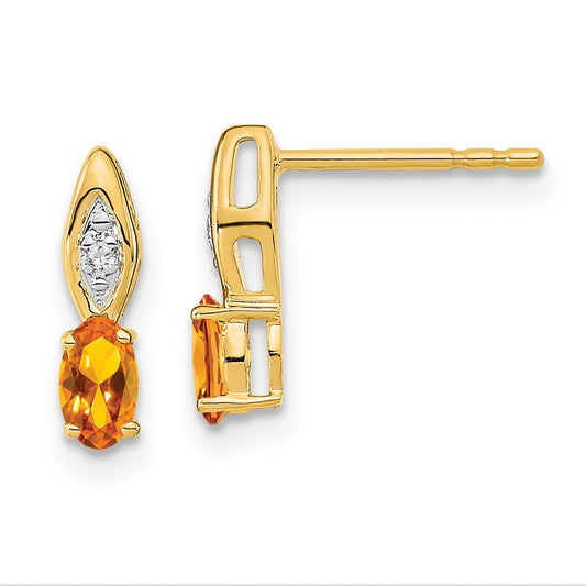 14K Yellow Gold Citrine and Diamond Post Earrings