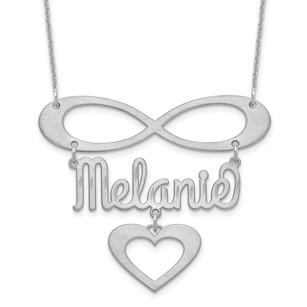 10K White Gold Brushed Infinity with Name and Heart Necklace