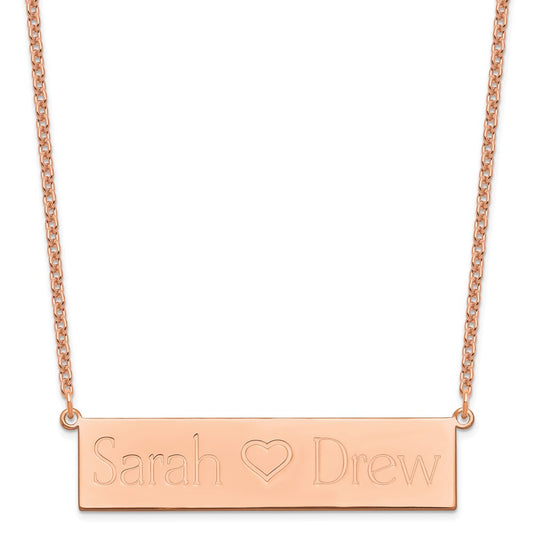 Sterling Silver Rose Gold plated Brushed 2 Names with Heart Bar Necklace