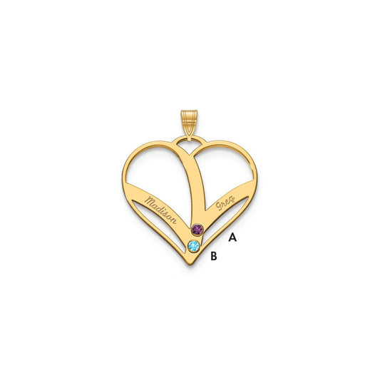 Sterling Silver Gold plated 2 Name and Birthstone Cut Out Heart Pendant