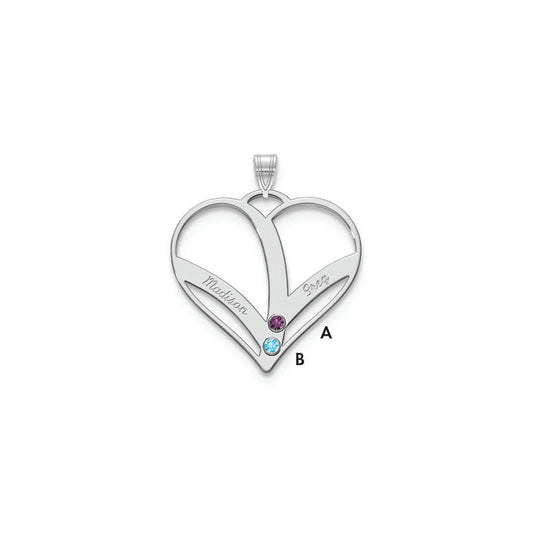 14K White Gold 2-Name w/Birthstones w/18k Rhod-plated Bezel Cut Out Heart Pendant