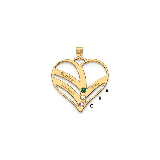 Sterling Silver Gold plated 3 Name and Birthstone Cut Out Heart Pendant