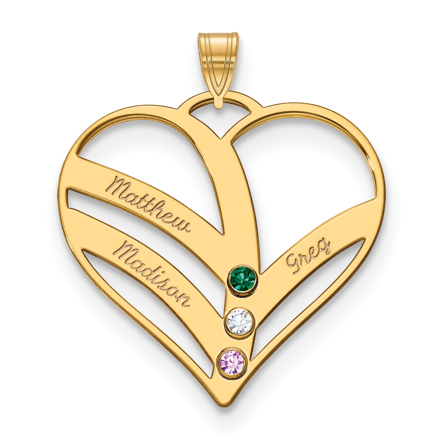 14K Yellow Gold 3-Name w/Birthstones w/14k Bezel Cut Out Heart Pendant