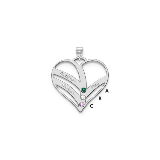 Sterling Silver Rhodium plated 3 Name and Birthstone Cut Out Heart Pendant