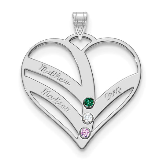 14K White Gold 3-Name w/Birthstones w/18k Rhod-plated Bezel Cut Out Heart Pendant