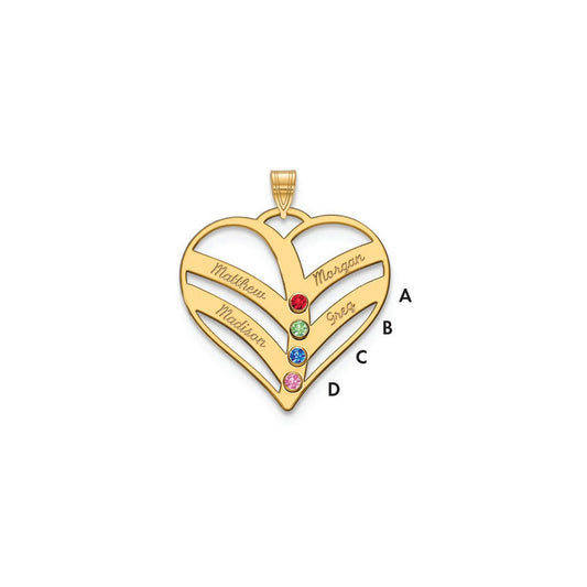 Sterling Silver Gold plated 4 Name and Birthstone Cut Out Heart Pendant