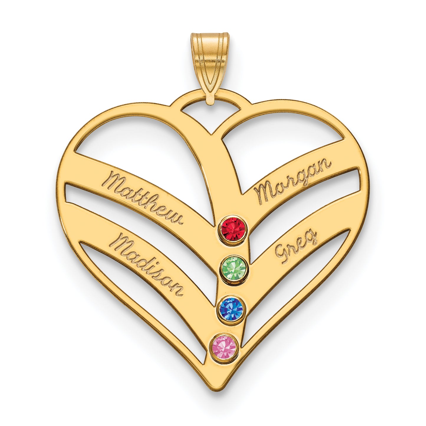 Sterling Silver Gold plated 4 Name and Birthstone Cut Out Heart Pendant