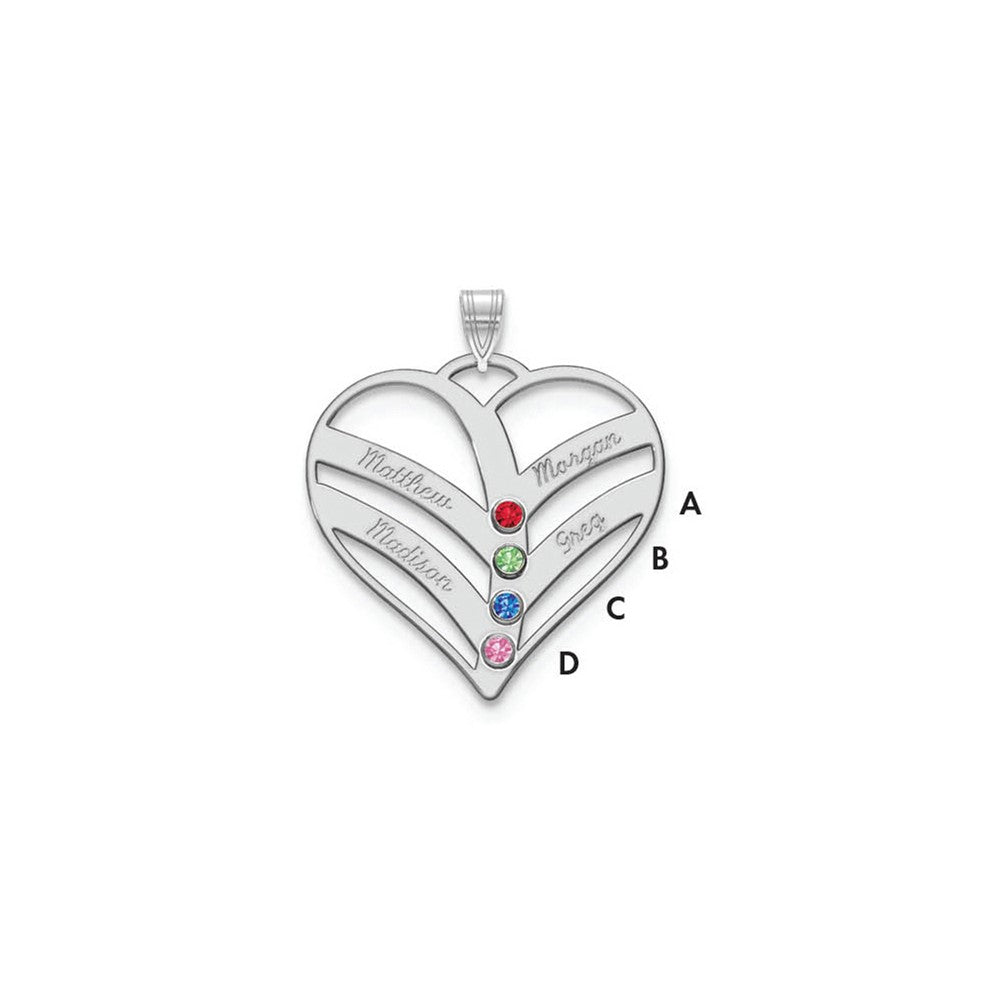 Sterling Silver Rhodium plated 4 Name and Birthstone Cut Out Heart Pendant