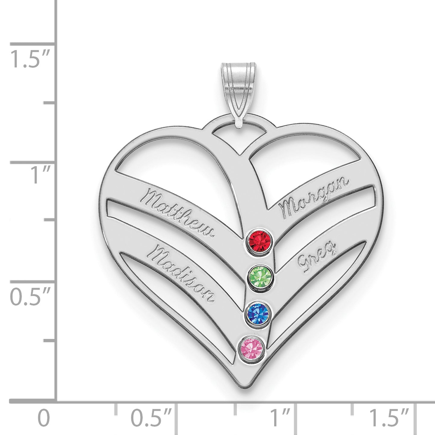 10K White Gold 4-Name w/Birthstones w/14k Bezel Cut Out Heart Pendant