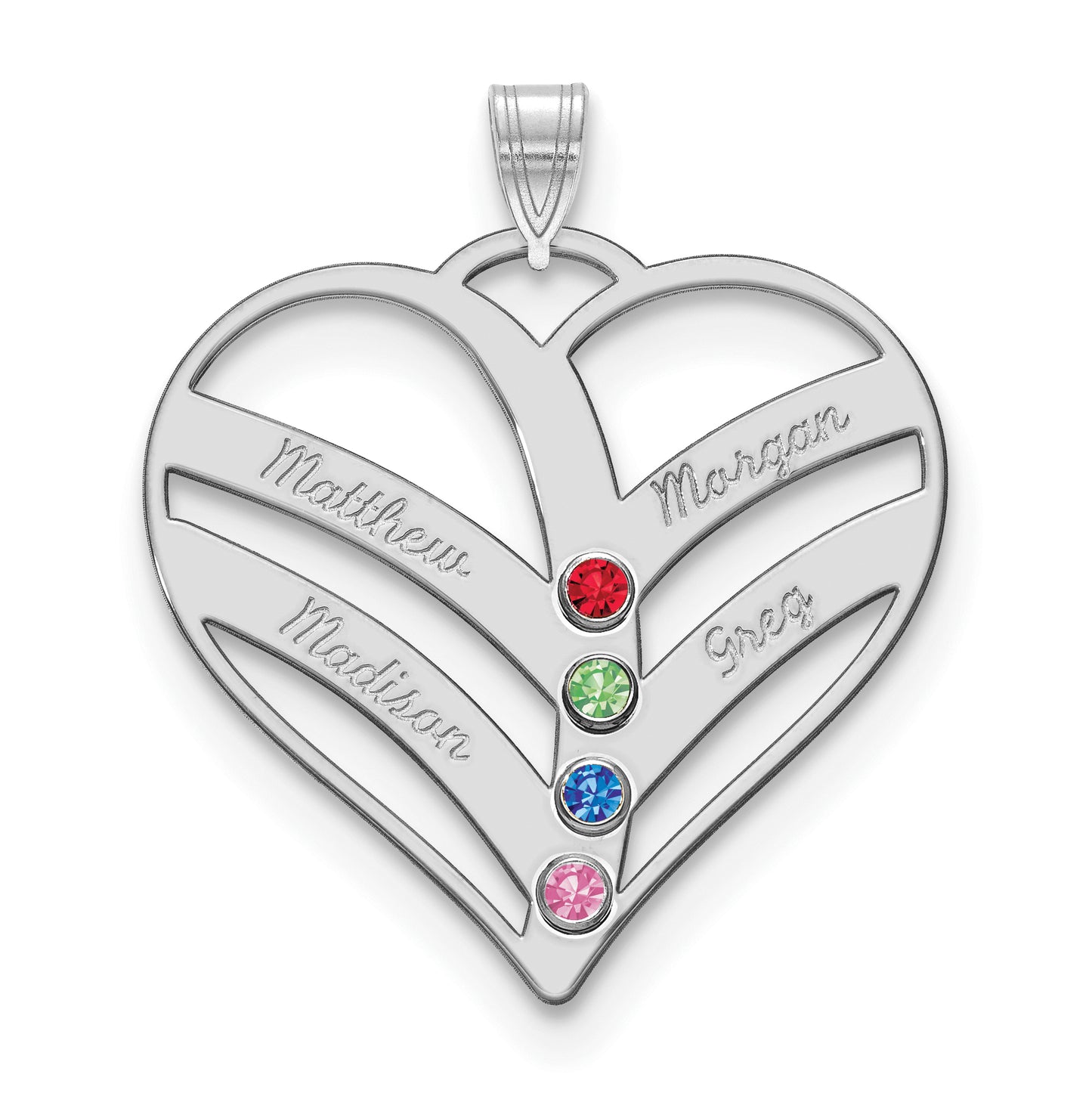 Sterling Silver Rhodium plated 4 Name and Birthstone Cut Out Heart Pendant