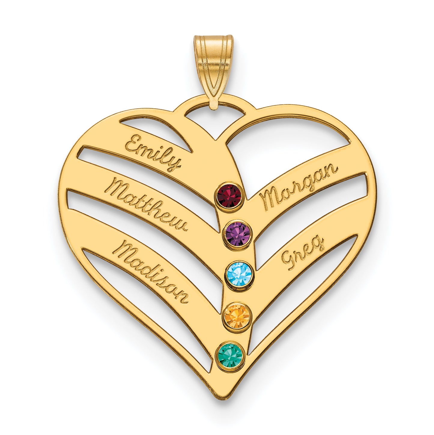 10K Yellow Gold 5-Name w/Birthstones w/14k Bezel Cut Out Heart Pendant