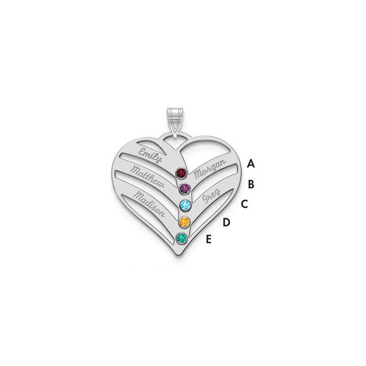 14K White Gold 5-Name w/Birthstones w/18k Rhod-plated Bezel Cut Out Heart Pendant