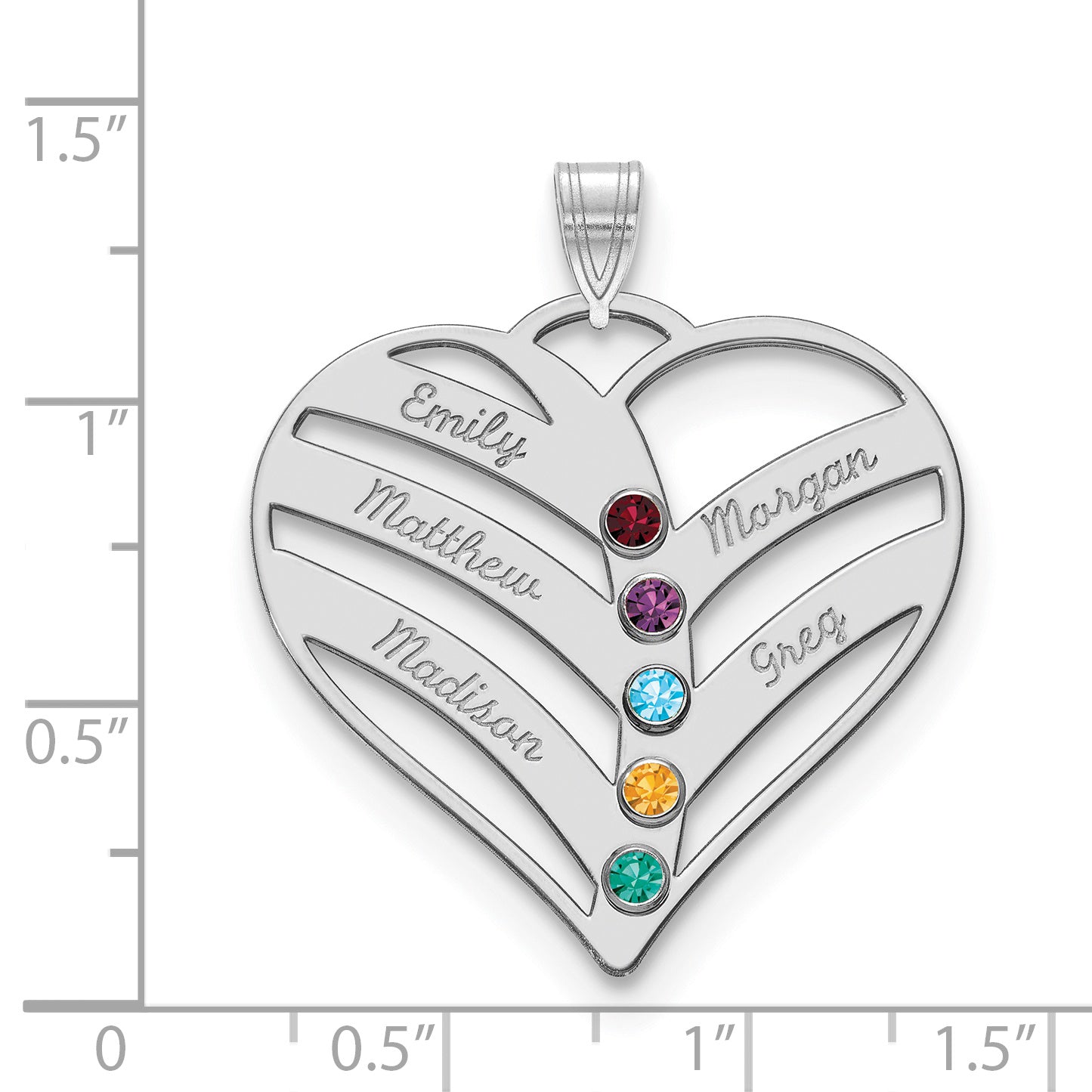 14K White Gold 5-Name w/Birthstones w/18k Rhod-plated Bezel Cut Out Heart Pendant