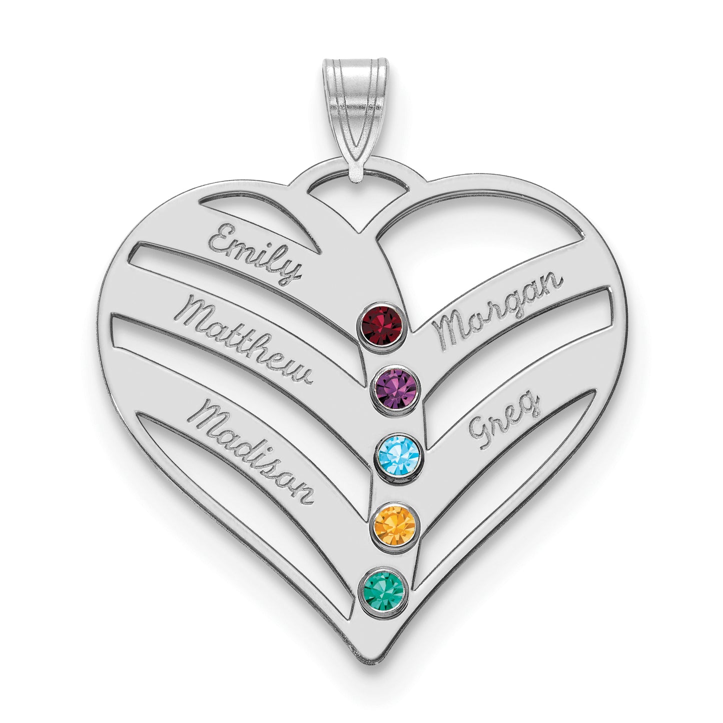 14K White Gold 5-Name w/Birthstones w/18k Rhod-plated Bezel Cut Out Heart Pendant