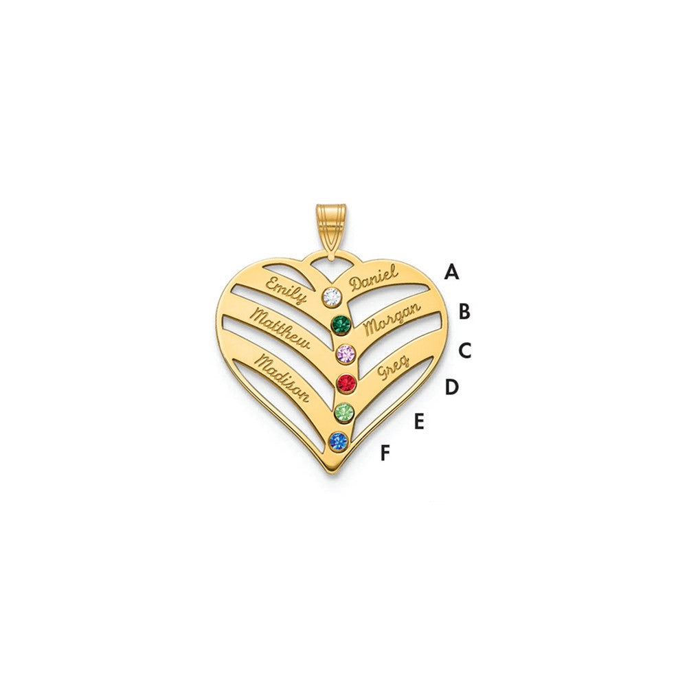 14K Yellow Gold 6-Name w/Birthstones w/14k Bezel Cut Out Heart Pendant