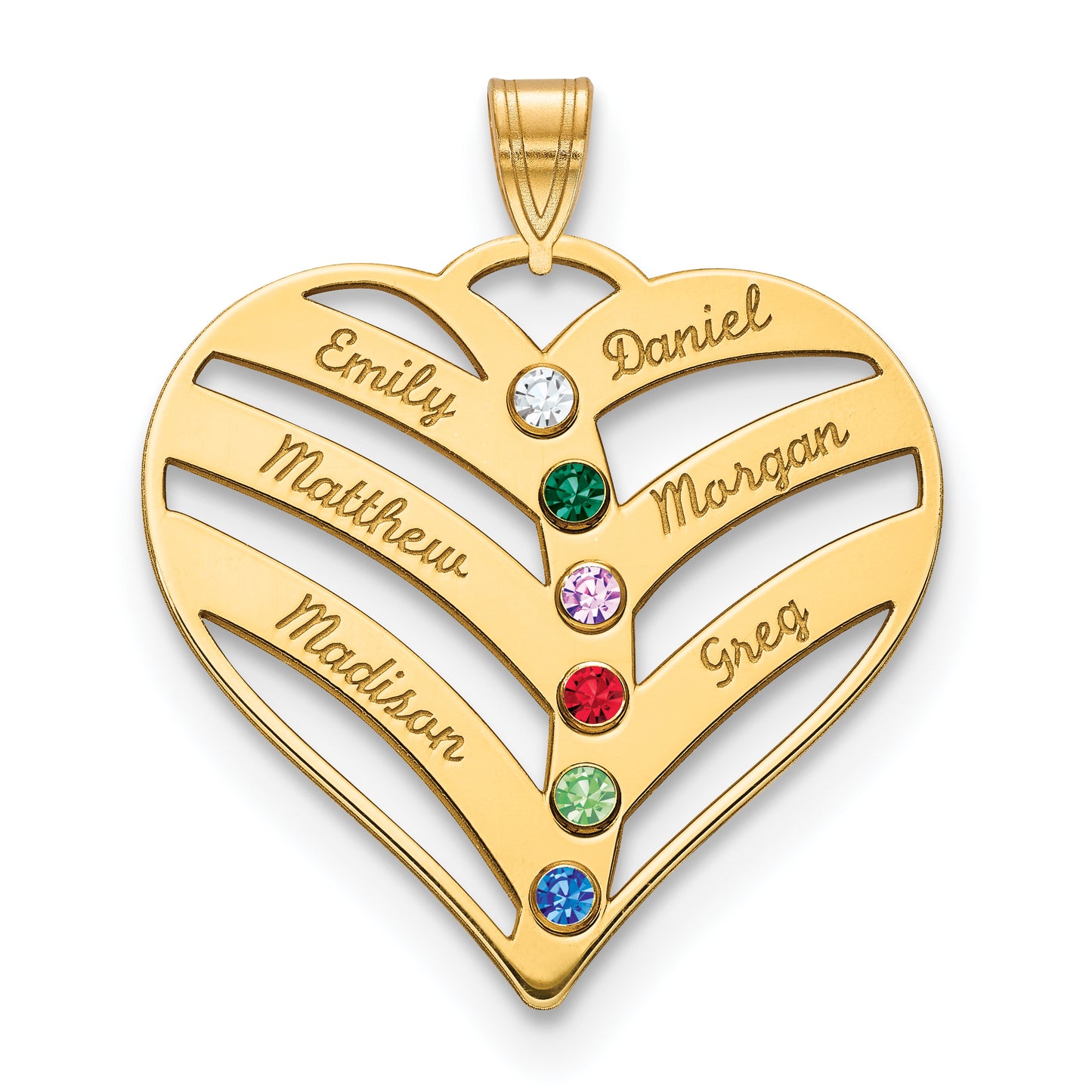 14K Yellow Gold 6-Name w/Birthstones w/14k Bezel Cut Out Heart Pendant