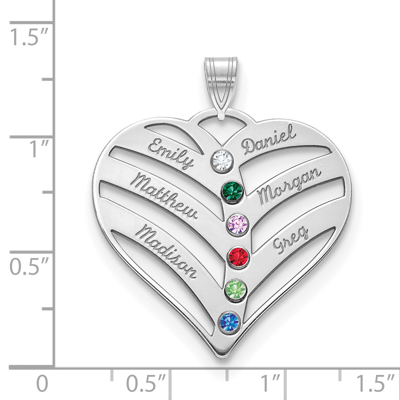 14K White Gold 6-Name w/Birthstones w/18k Rhod-plated Bezel Cut Out Heart Pendant