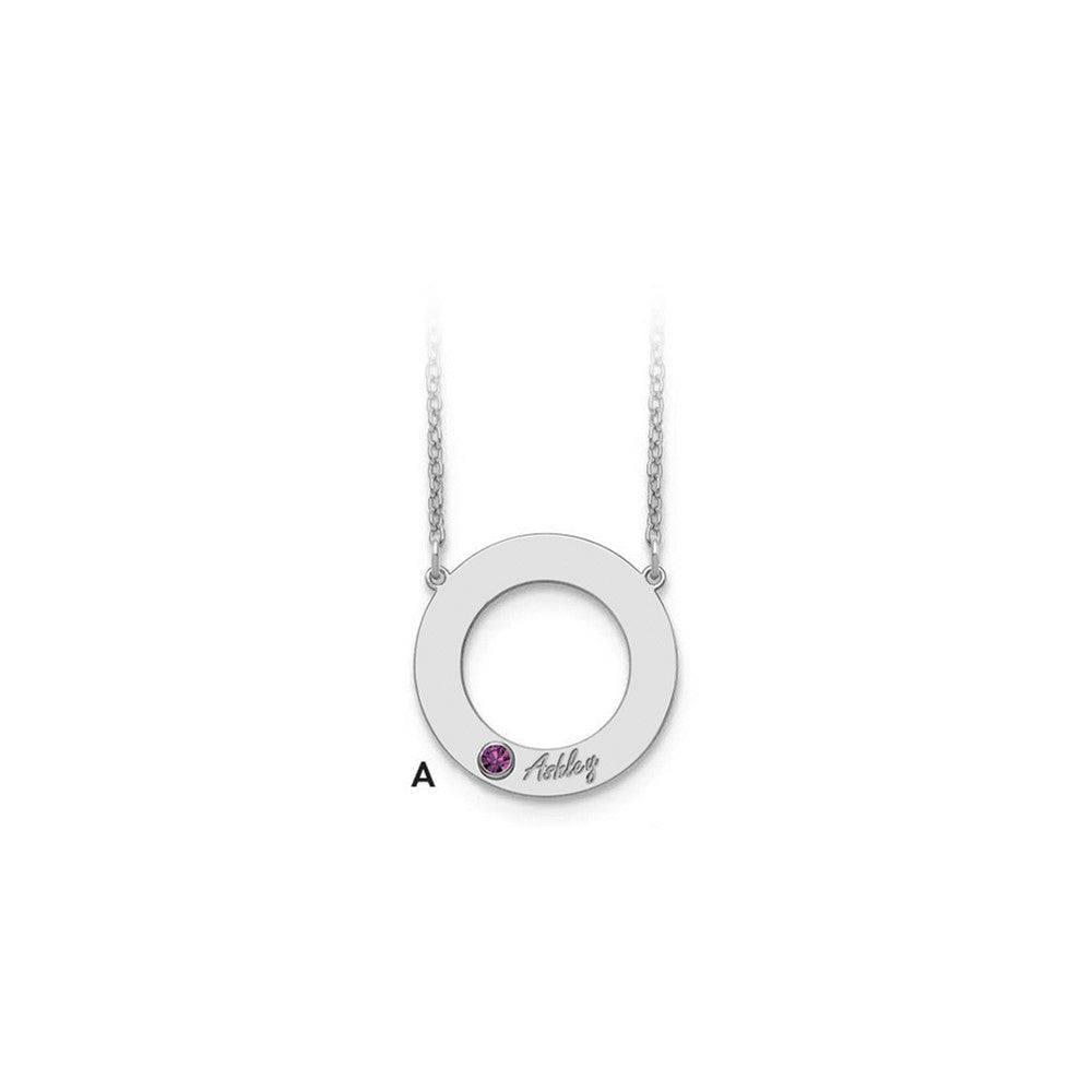 10K White Gold 1 Name and Birthstone with 14k Bezel Cut Out Circle Necklace