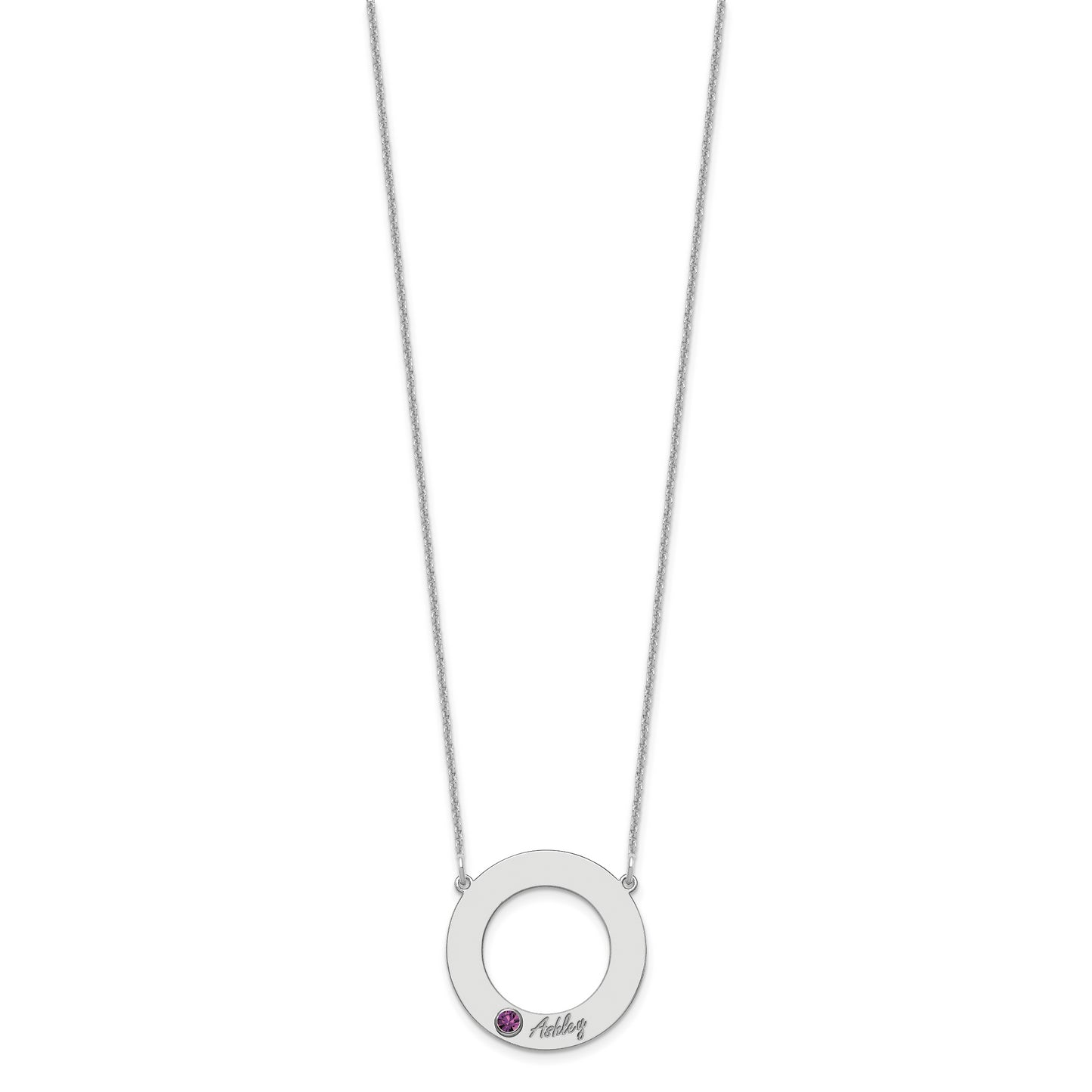 10K White Gold 1 Name and Birthstone with 14k Bezel Cut Out Circle Necklace