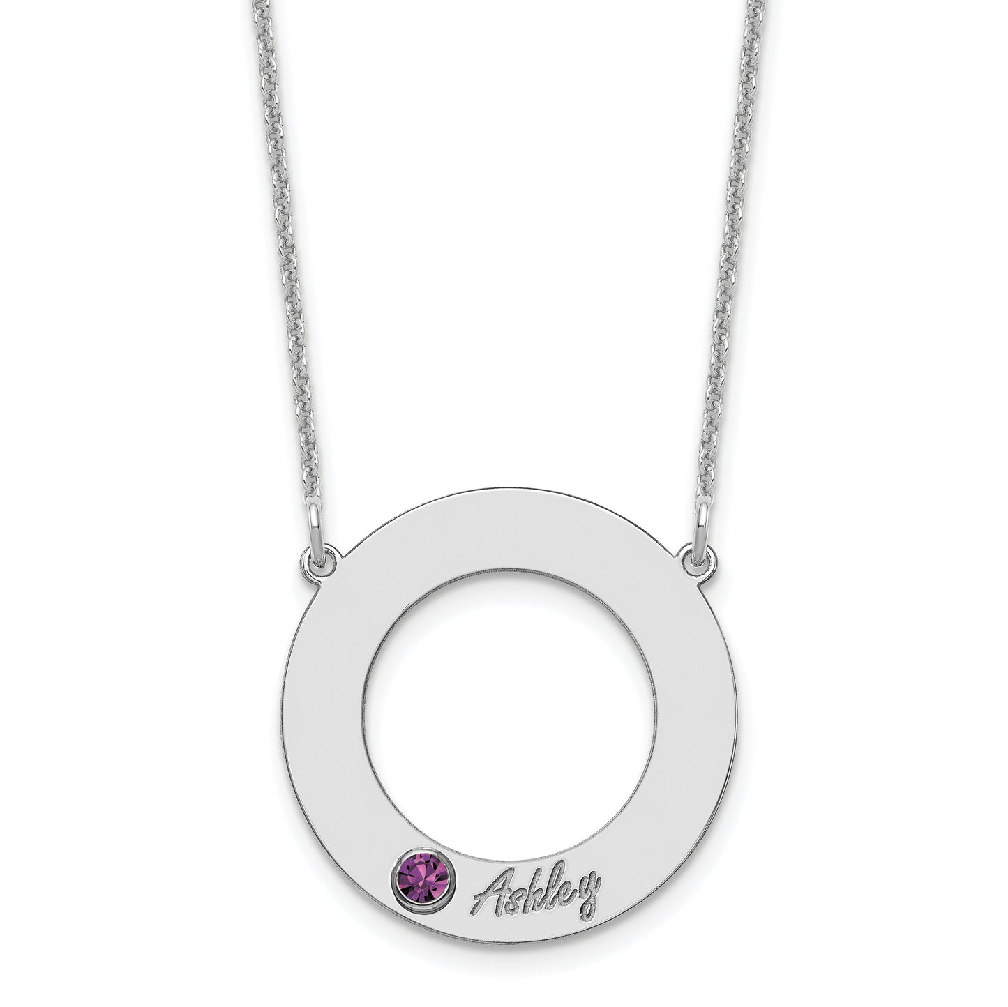 10K White Gold 1 Name and Birthstone with 14k Bezel Cut Out Circle Necklace