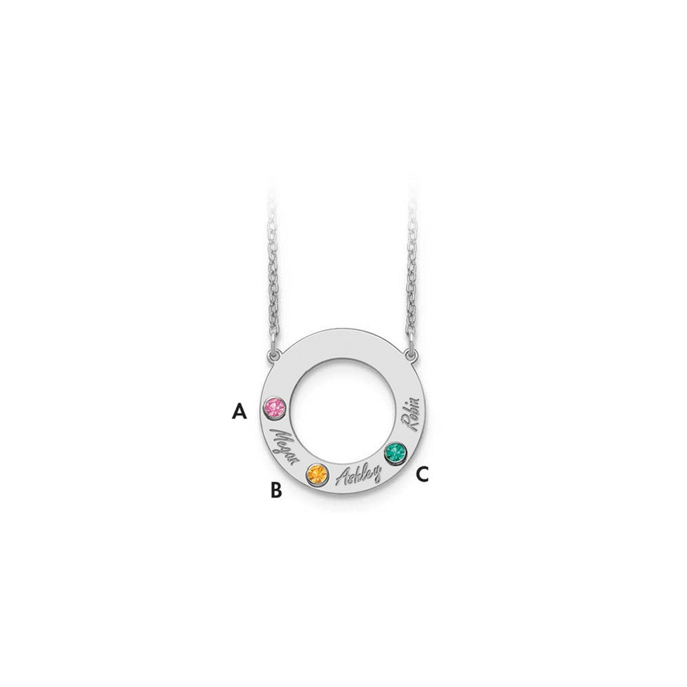 10K White Gold 3 Name and Birthstone with 14k Bezel Cut Out Circle Necklace