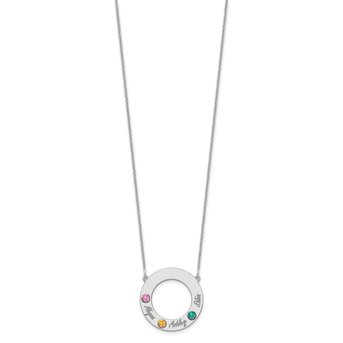 10K White Gold 3 Name and Birthstone with 14k Bezel Cut Out Circle Necklace