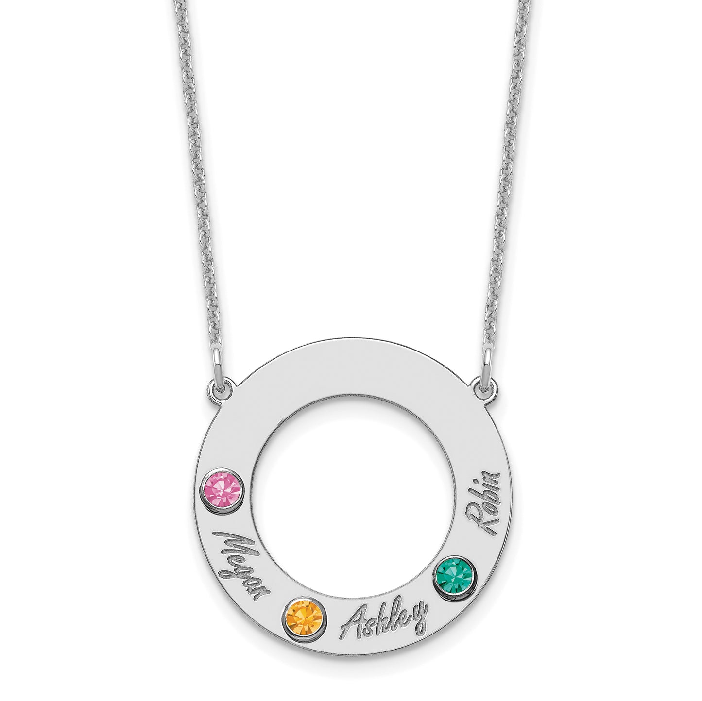 10K White Gold 3 Name and Birthstone with 14k Bezel Cut Out Circle Necklace