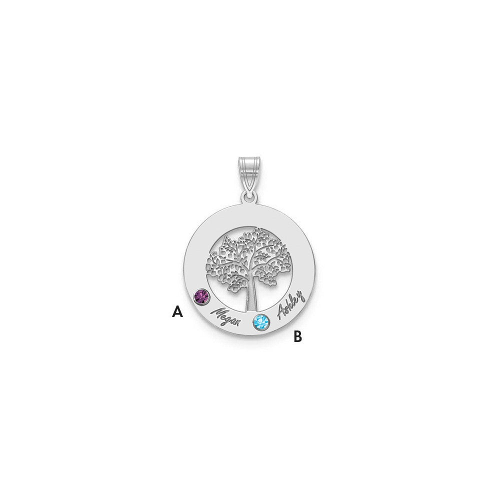 10K White Gold Family Tree in Circle 2 Names and Birthstones with 14k Bezel Pendant