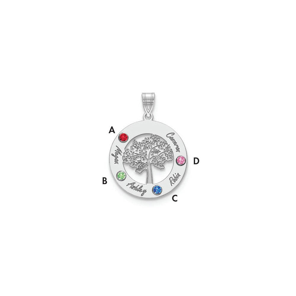 10K White Gold Family Tree in Circle 4 Names and Birthstones with 14k Bezel Pendant