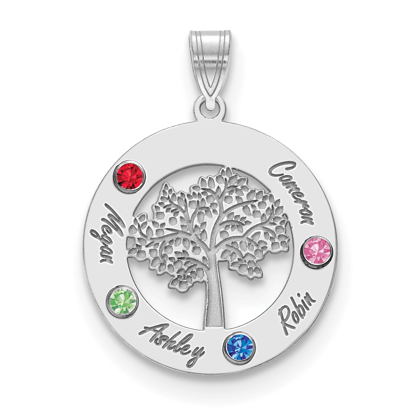 10K White Gold Family Tree in Circle 4 Names and Birthstones with 14k Bezel Pendant