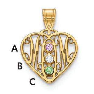 Sterling Silver Gold plated MOMHeart 3 Birthstone Necklace