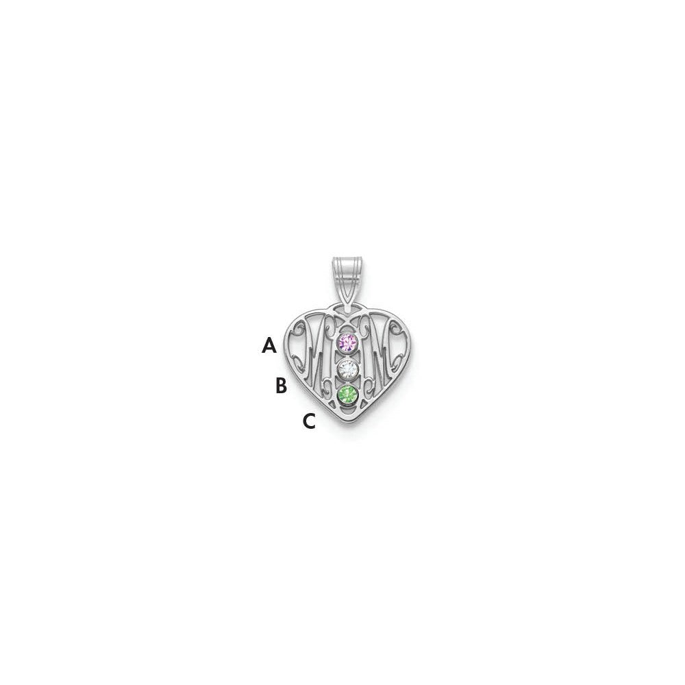 10K White Gold MOM in Heart 3 Birthstones w/18k Rhodium Plated Bezel Pendant