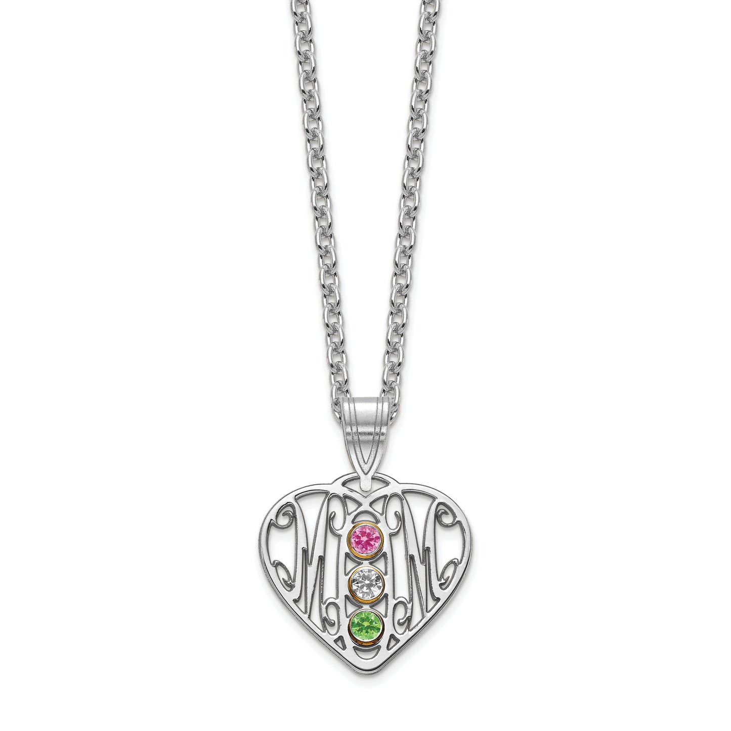 10K White Gold MOM in Heart 3 Birthstones w/18k Rhodium Plated Bezel Pendant