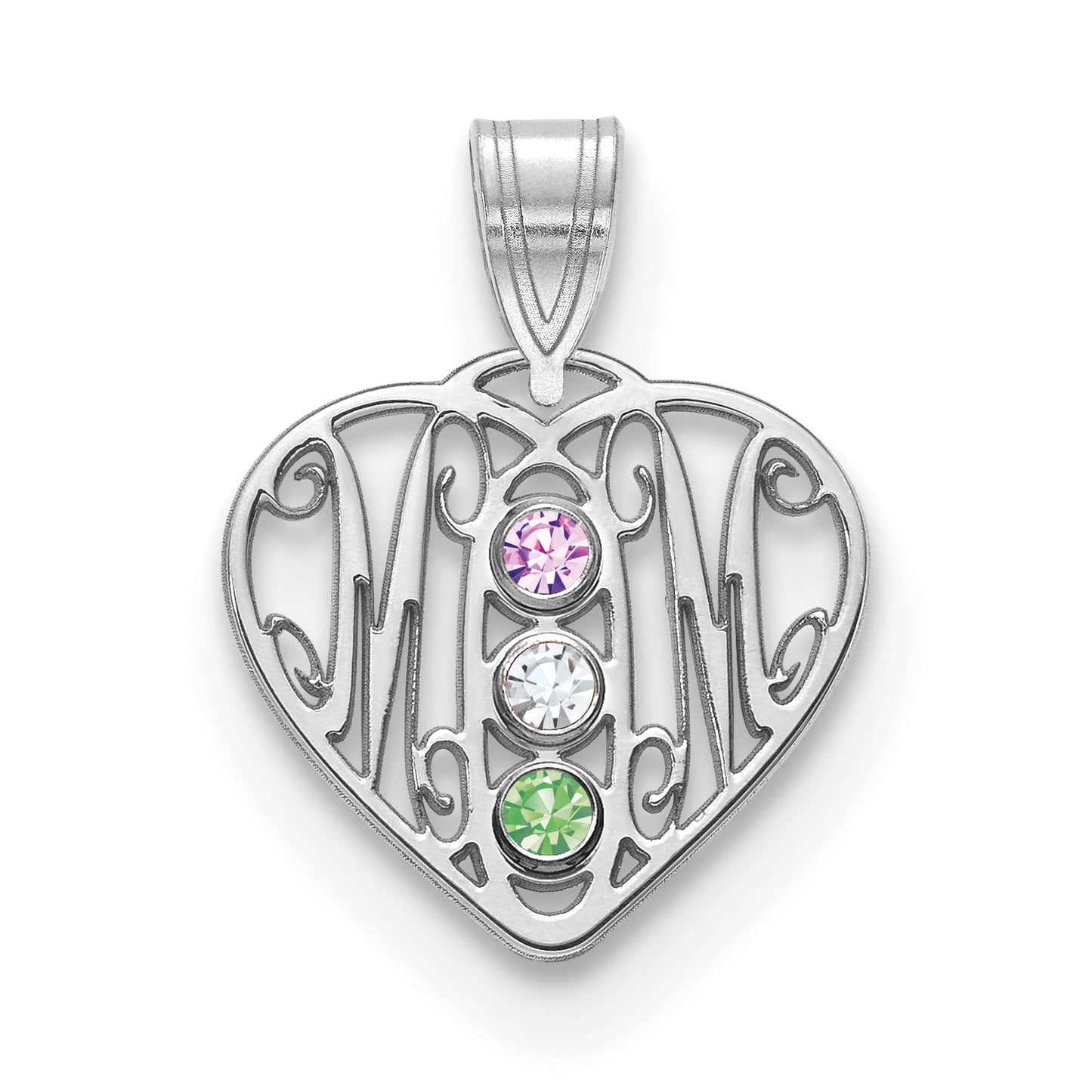 10K White Gold MOM in Heart 3 Birthstones w/18k Rhodium Plated Bezel Pendant