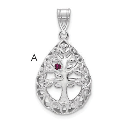 10K White Gold 1 Birthstone Tree of Life Tear Drop Pendant