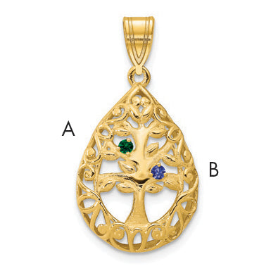 10K Yellow Gold 2 Birthstone Tree of Life Tear Drop Pendant