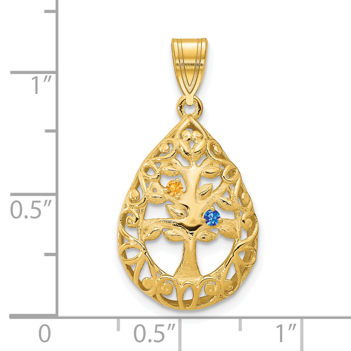 10K Yellow Gold 2 Birthstone Tree of Life Tear Drop Pendant