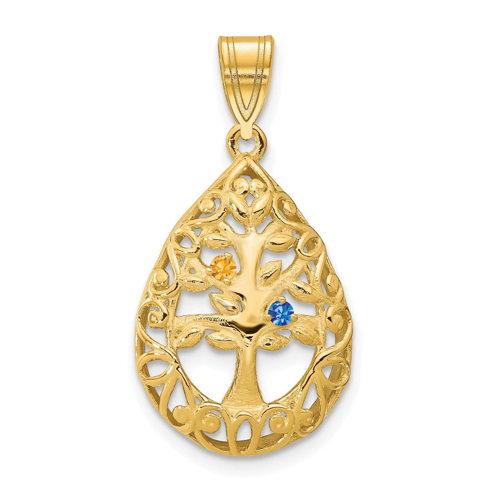 10K Yellow Gold 2 Birthstone Tree of Life Tear Drop Pendant