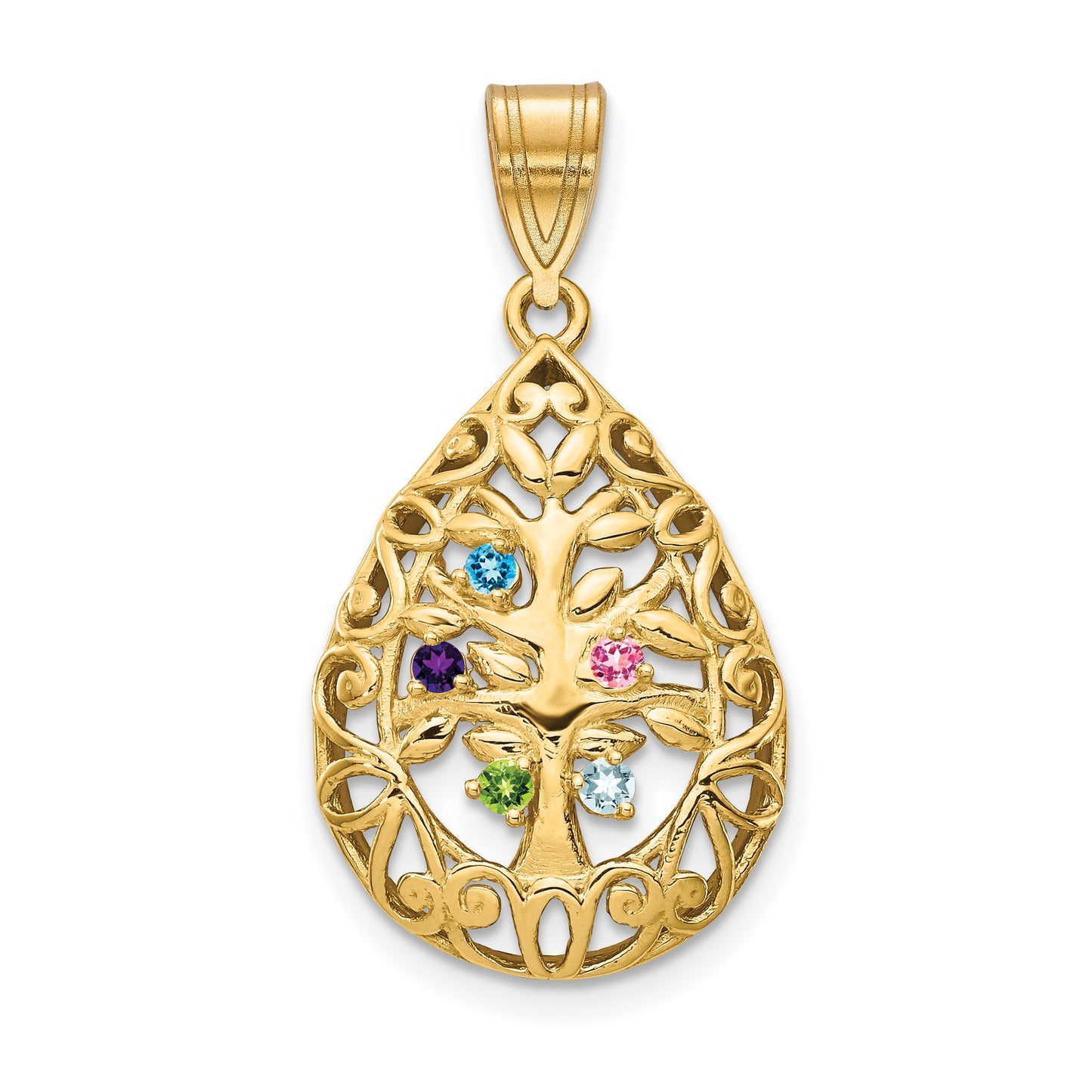 10K Yellow Gold 5 Birthstone Tree of Life Tear Drop Pendant