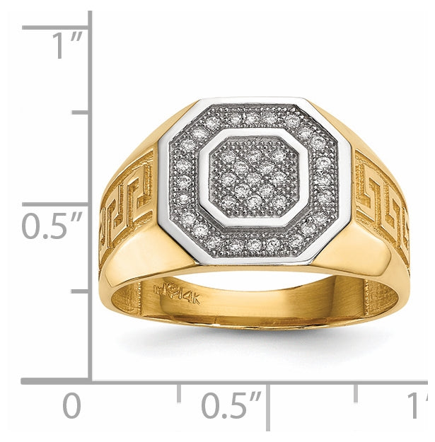 14k Yellow Gold and Rhodium Mens Micro Pave Cubic Zirconia Octagon & Greek Key Ring