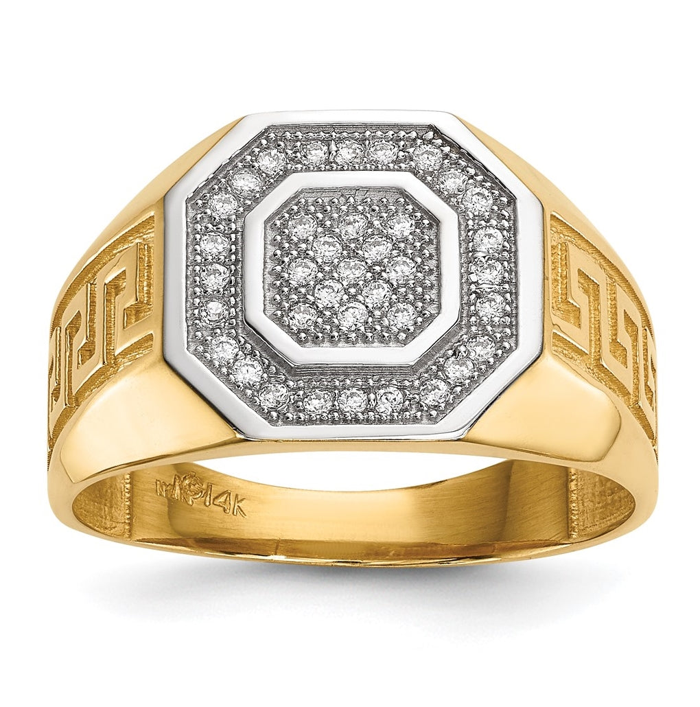 14k Yellow Gold and Rhodium Mens Micro Pave Cubic Zirconia Octagon & Greek Key Ring