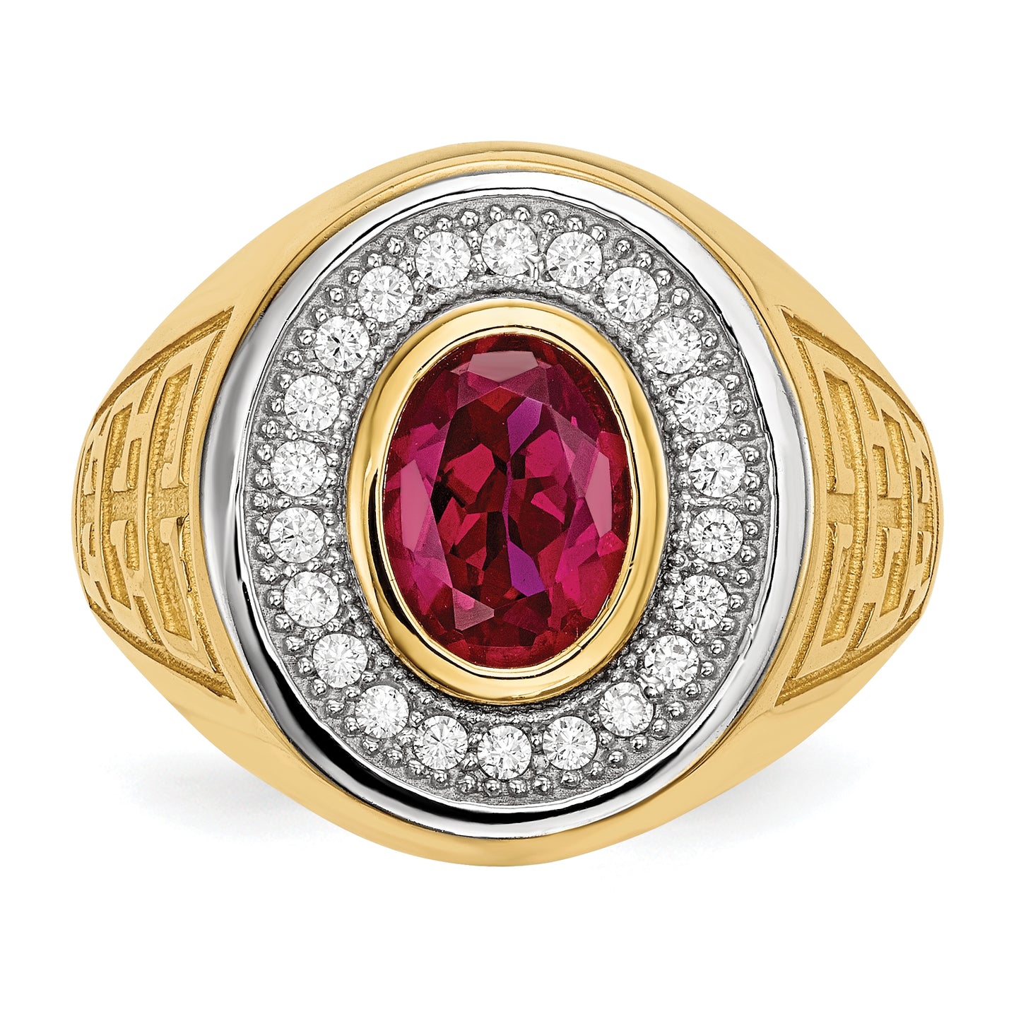 14k Yellow Gold and Rhodium Cubic Zirconia & Oval Red Cubic Zirconia Mens Ring