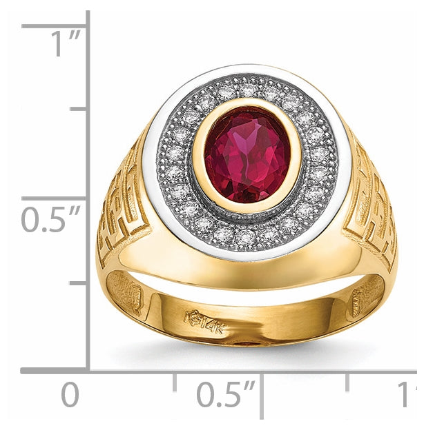 14k Yellow Gold and Rhodium Cubic Zirconia & Oval Red Cubic Zirconia Mens Ring