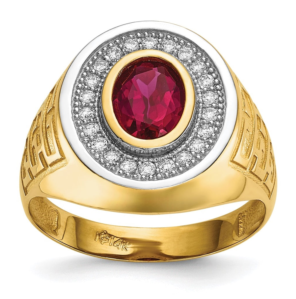 14k Yellow Gold and Rhodium Cubic Zirconia & Oval Red Cubic Zirconia Mens Ring