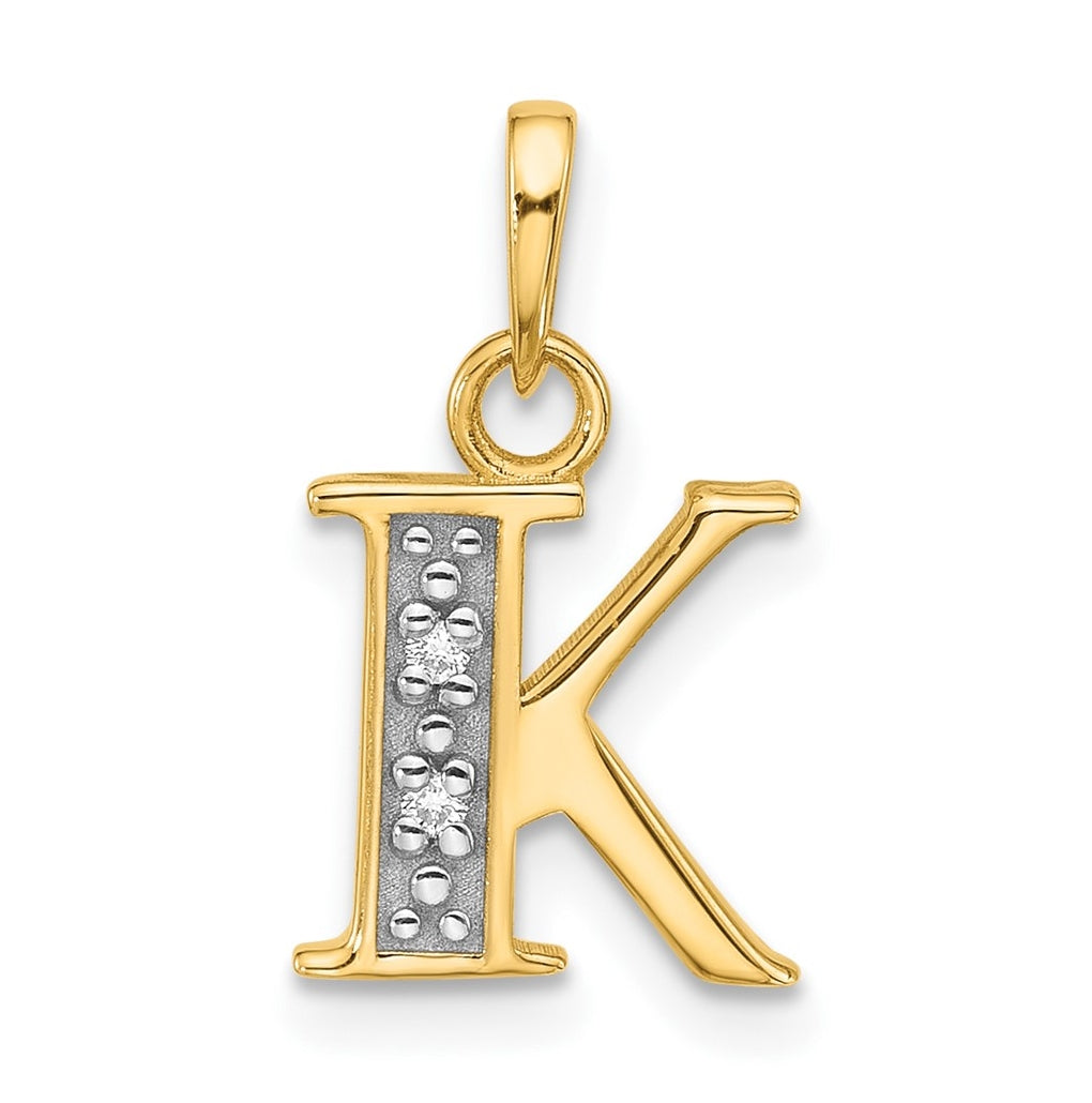 14k Yellow Gold and Rhodium Diamond Letter K Initial Pendant