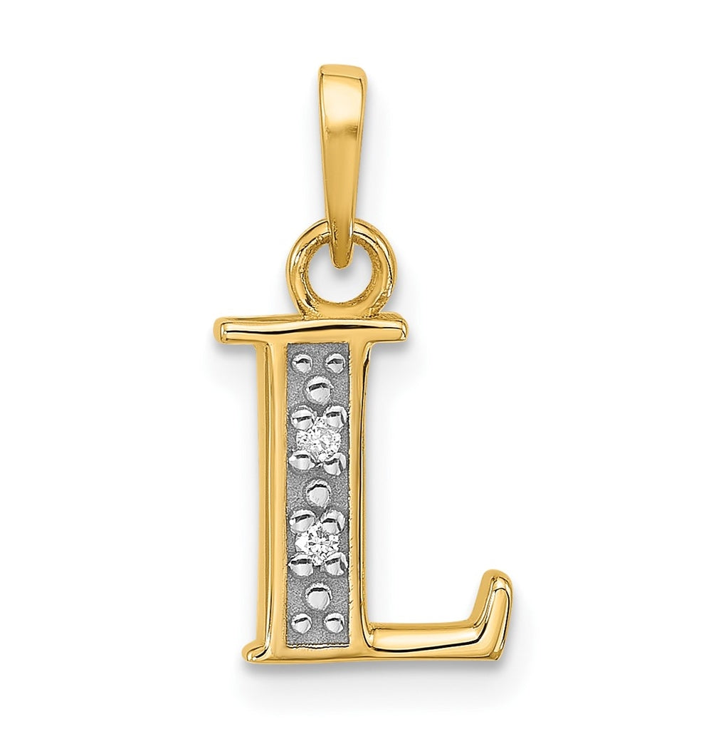 14k Yellow Gold and Rhodium Diamond Letter L Initial Pendant