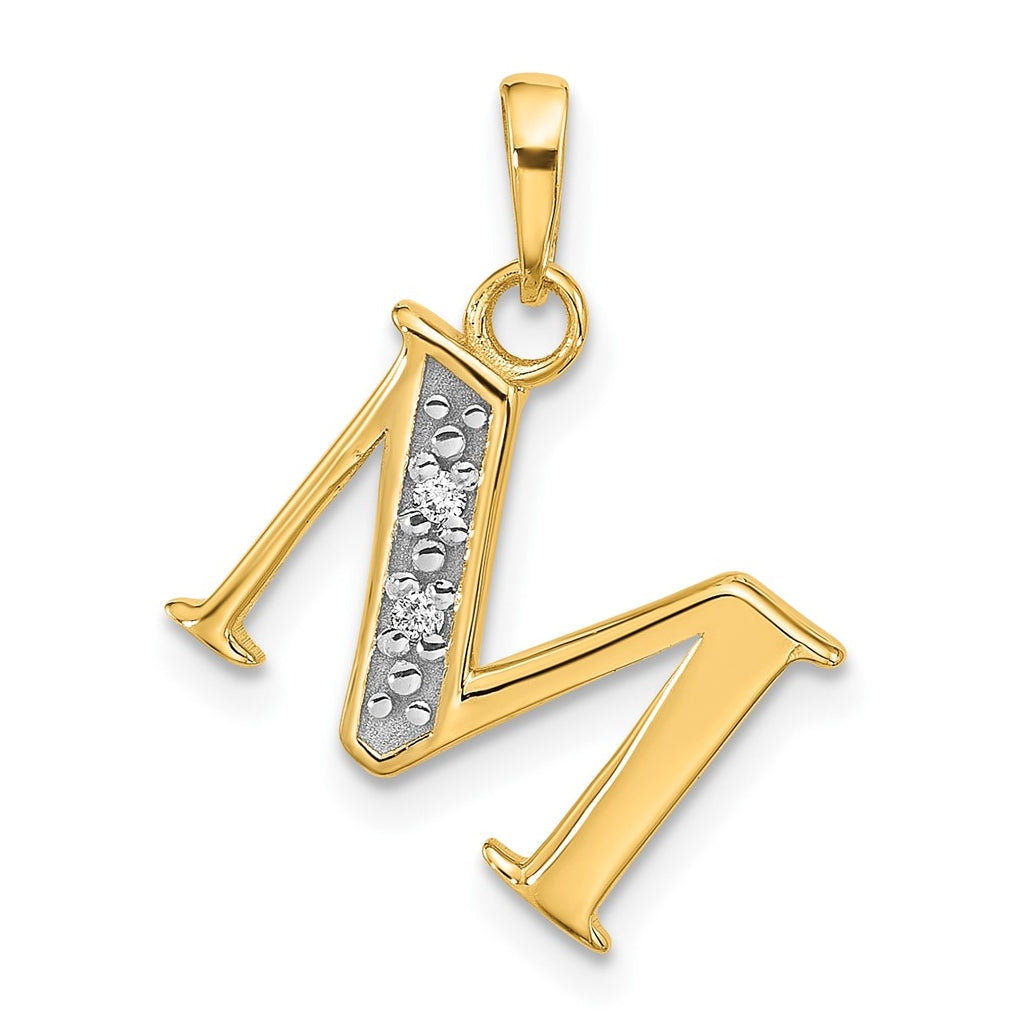 14k Yellow Gold and Rhodium Diamond Letter M Initial Pendant