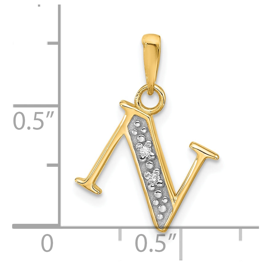 14k Yellow Gold and Rhodium Diamond Letter N Initial Pendant