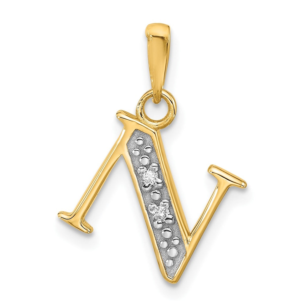 14k Yellow Gold and Rhodium Diamond Letter N Initial Pendant