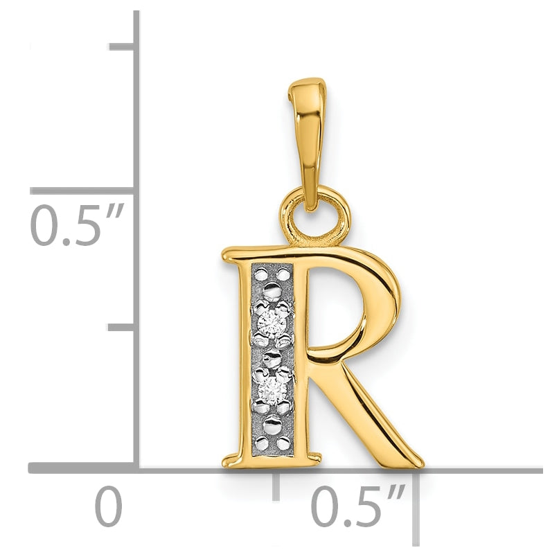 14k Yellow Gold and Rhodium Diamond Letter R Initial Pendant